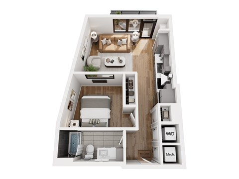 Floor plan for 1 bed, 1 bath, 608 sqft